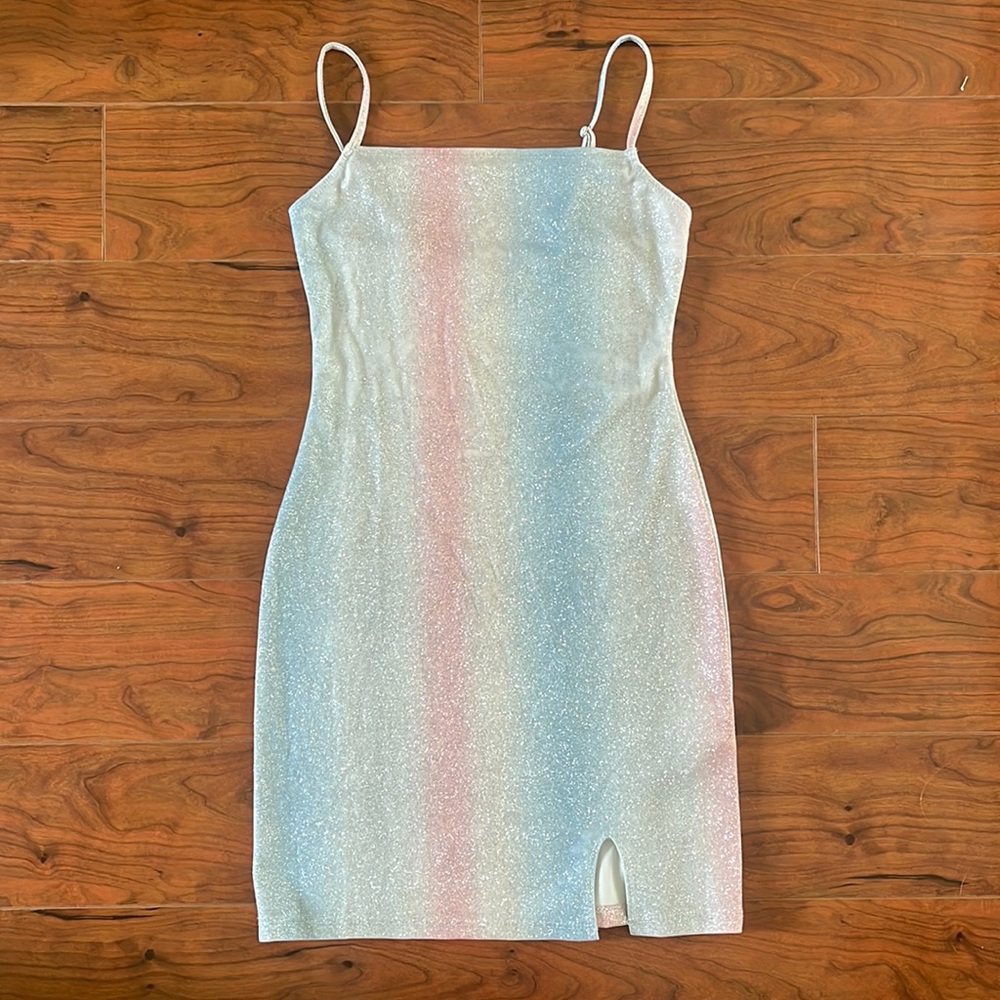 Jump Apparel Pastel Colored Spaghetti Strap Glitter Sparkly Mini Dress - Picture 1 of 10